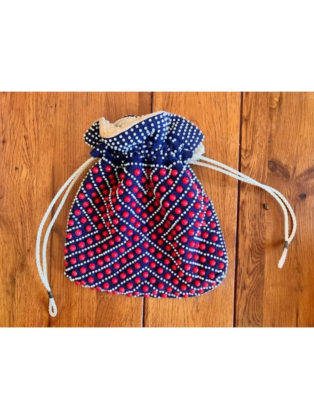 Vintage Beaded Navy Blue & White Drawstring Pouch With Red Accents - 8